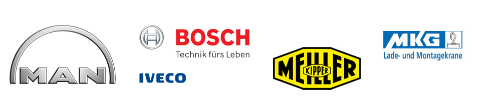 Wir sind eine Vertragswerkstatt für MAN, Iveco, Meiller, MKG und Fachwerkstatt für Bosch-Elektronik Partner Logos